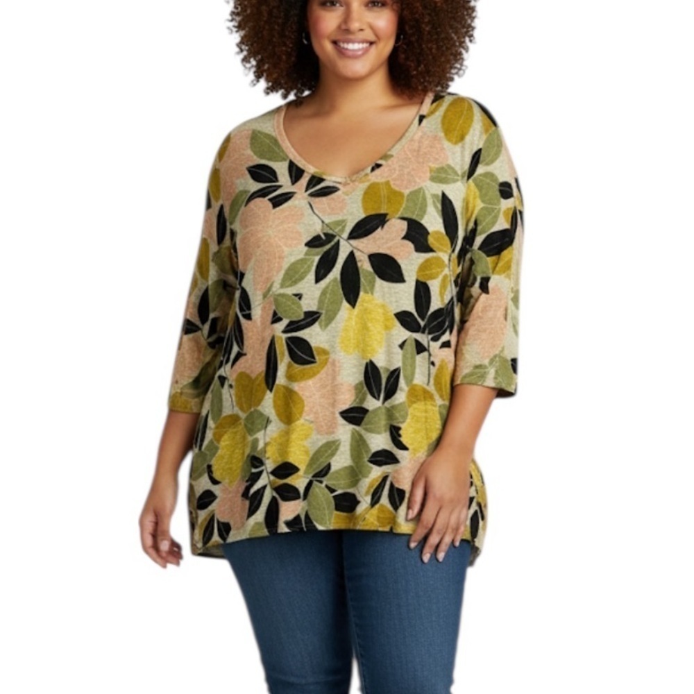 Rachel Zoe Linen Floral Tropical Short Sleeve V Neck Top 3X Multicolour